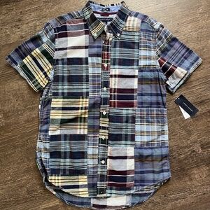 NWT Tommy Hilfiger Short Sleeve Madras Shirt, Young Men's, Trim Fit, Medium